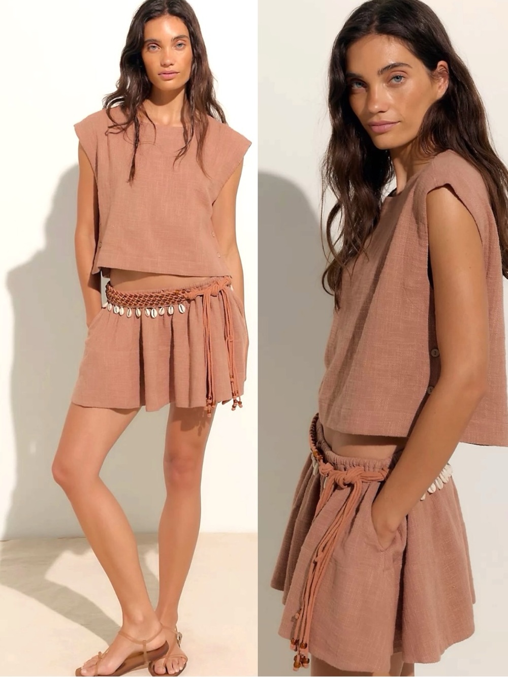 Free People Bohemian Beachy Neutral Skye Mini Skirt & Top Set Latte Medium NWT